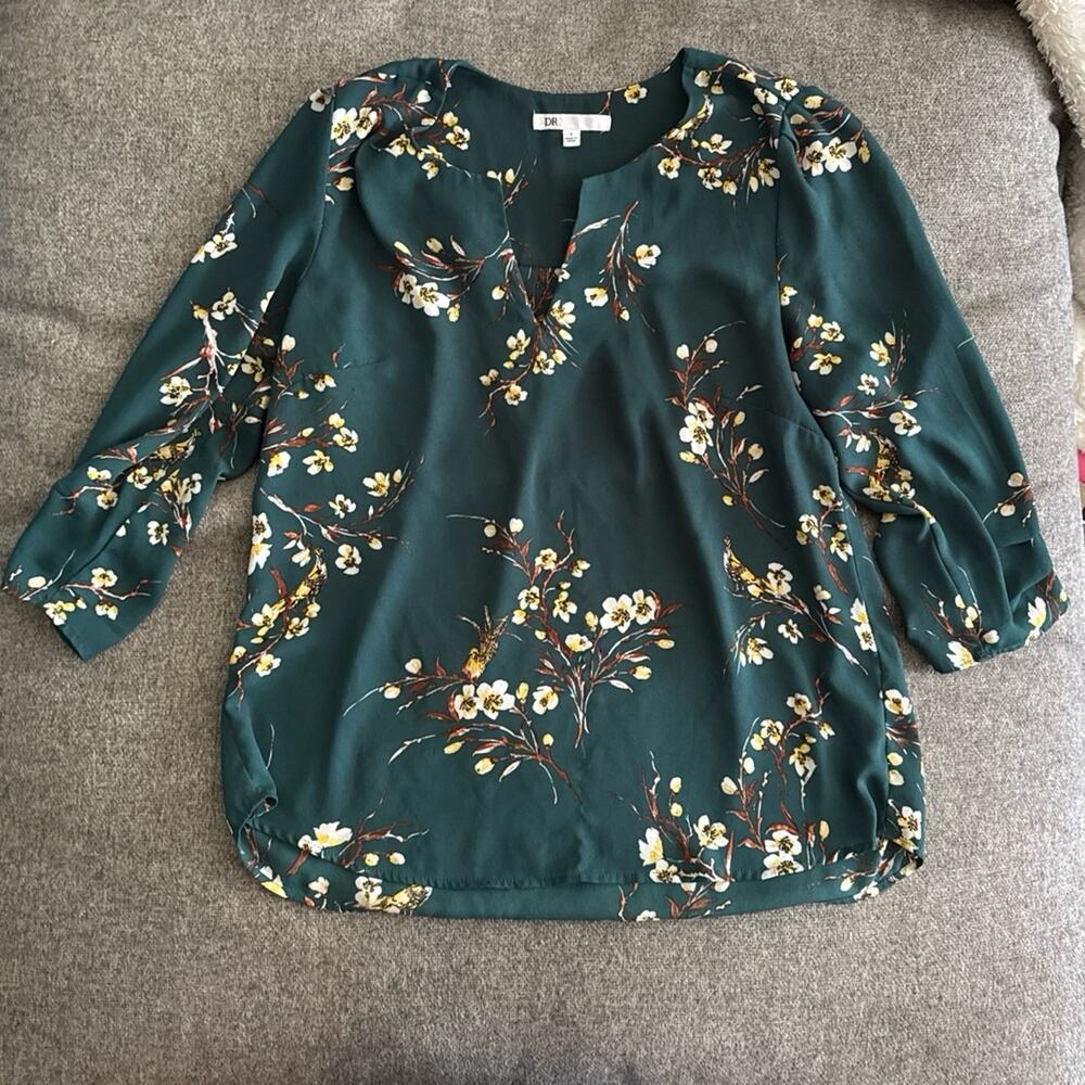 DR2 Women’s DANIEL RAINN Floral 3/4 Sleeve Blouse Top Green - Small